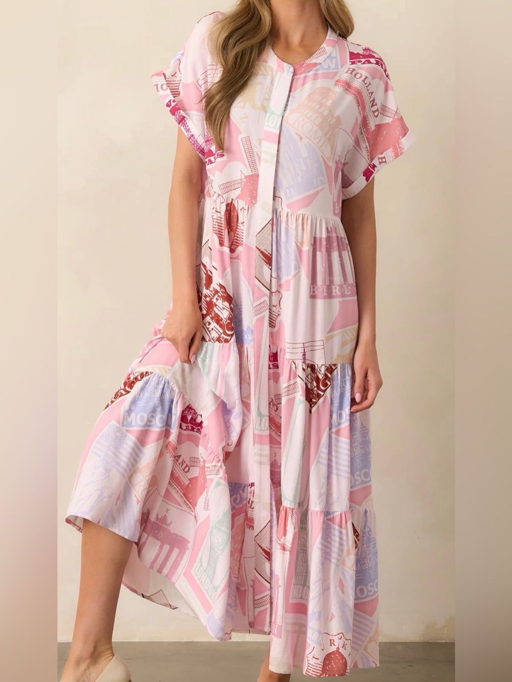 Prosperina MALLORY PASSPORT PRINT PINK MIDI DRESS NWOT Size S